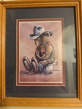 Framed Bear Artwork with Cowboy Hat - Brown and Cream